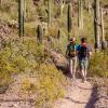 two hikers walking through a south west american desert